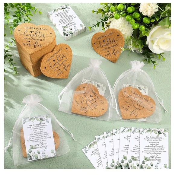 50-Piece Wedding Favor Coaster Set - Heart Shaped Cork Coasters With Thank You Cards & Memory Box